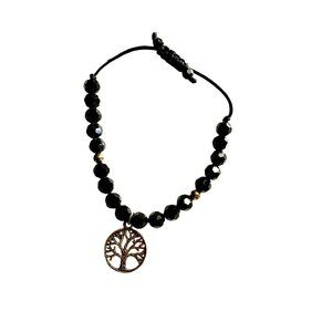 WOMENS BLACK BEADS AND TREE OF LIFE CHARM ADJUSTABLE BRACELET